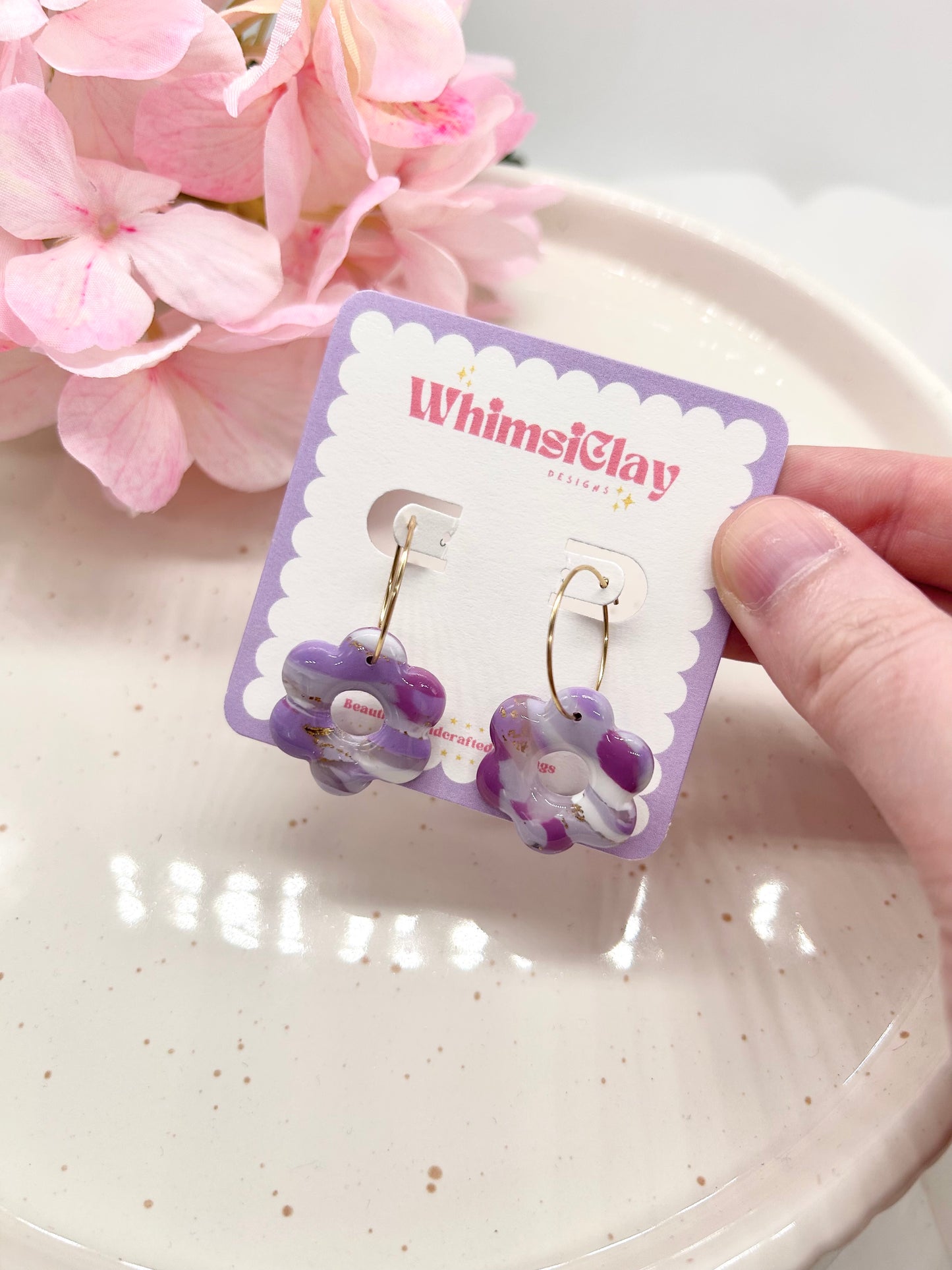 Purple Marble Flower Hoop Earrings