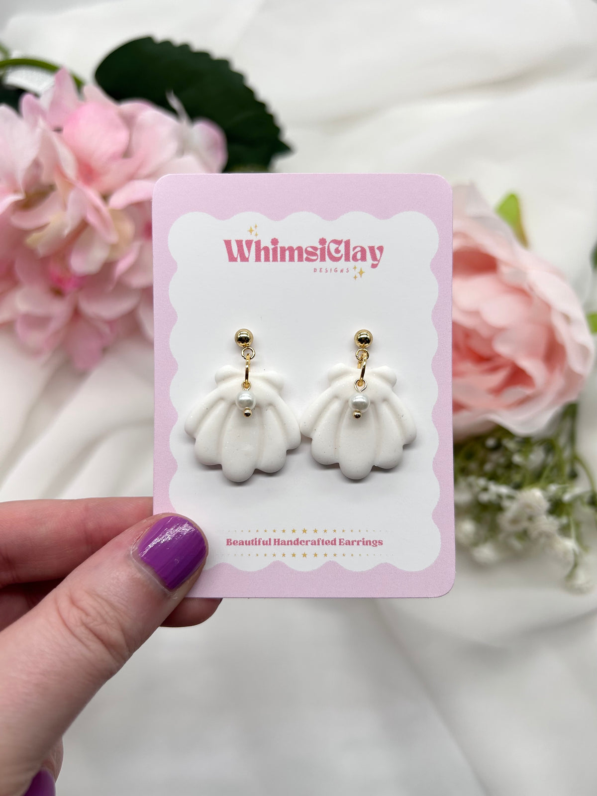 Large Shell with Pearl | Polymer Clay Earrings