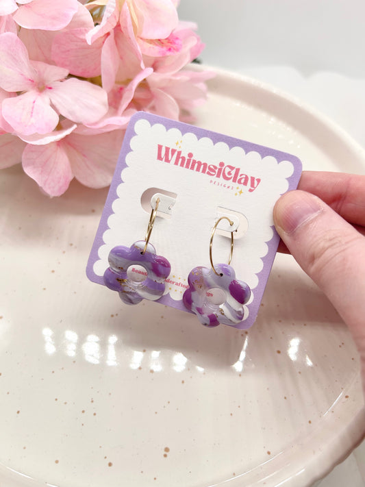 Purple Marble Flower Hoop Earrings