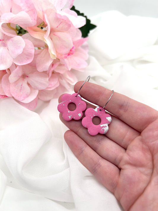Pink and Silver Flower Hoops