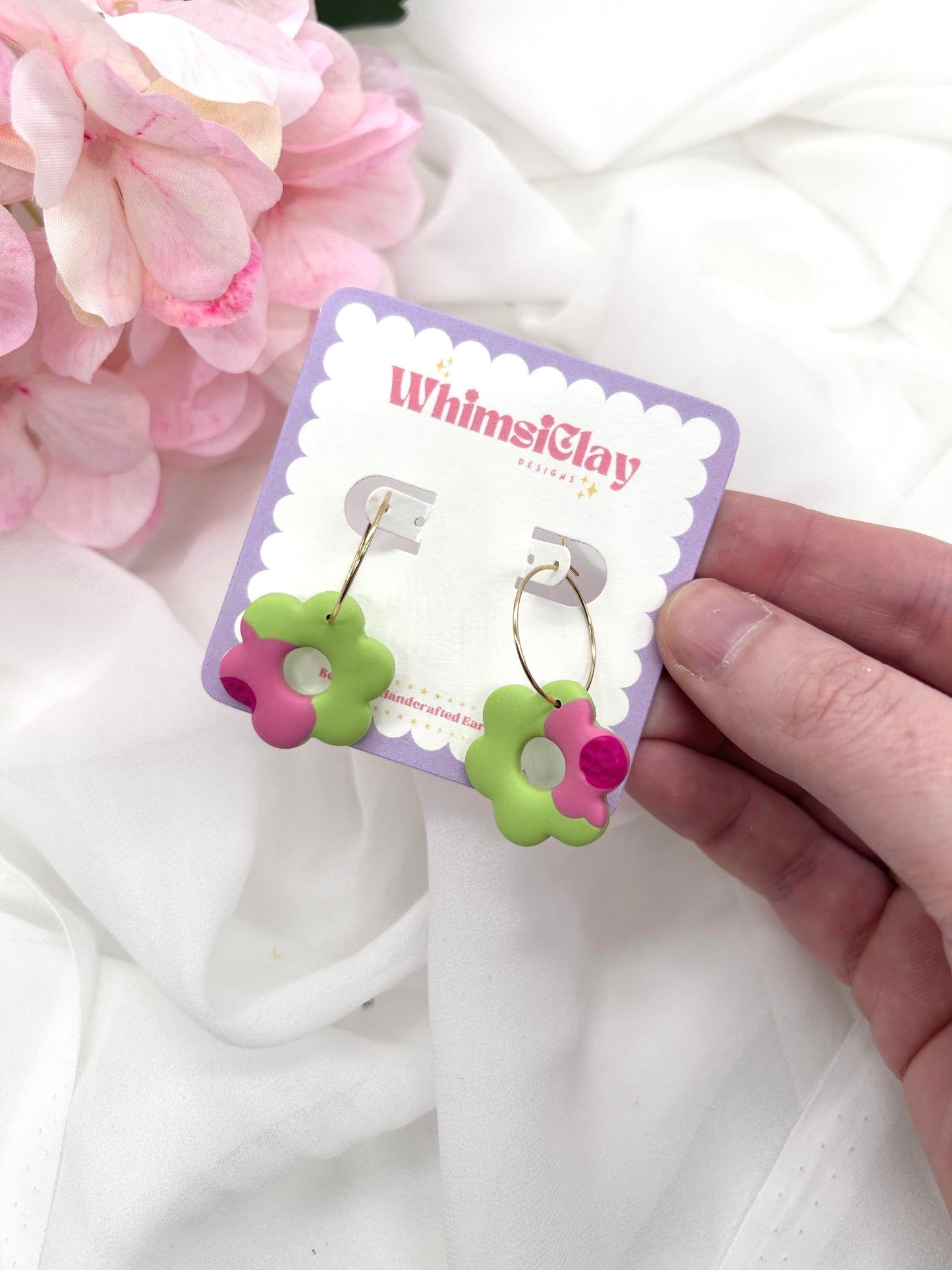 Pink and Green Flower Hoops