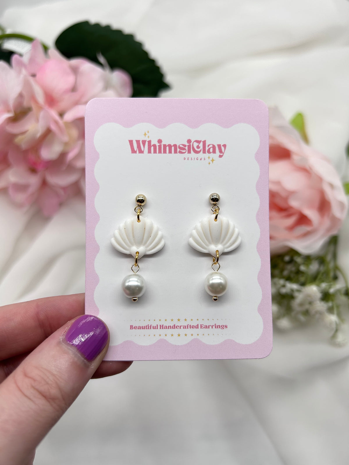 Small Shell and Pearl | Polymer Clay Earrings